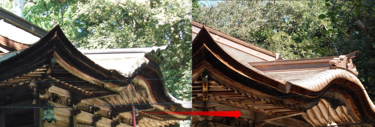 寺社の唐破風を新しい銅板屋根に葺き替えた施工前後のビフォーアフター